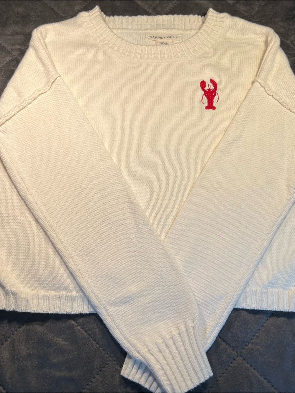 Coastal Preppy Cropped Crewneck Sweater w/ Lobster Embroidery Happily Grey Sz XS